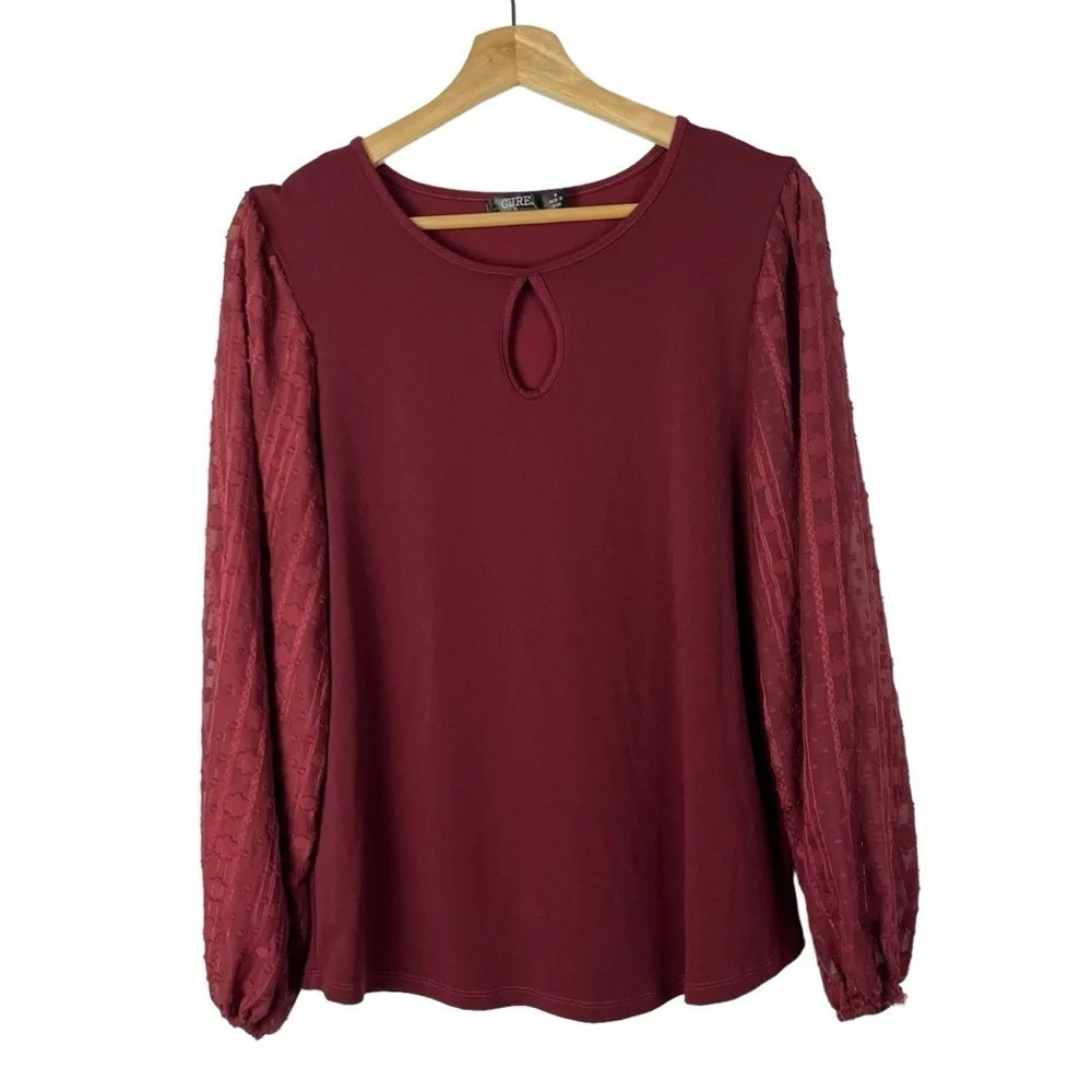 Boutique Cure Red Mixed Sleeves Swiss Dot Long Sleeve Blouse M